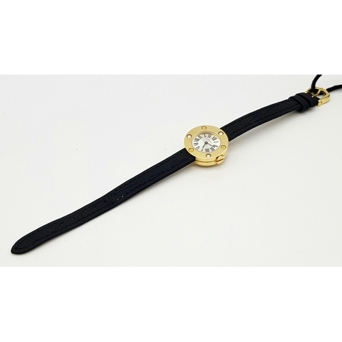 137 - A Cartier Leve 18K Gold Cased and Diamond Watch. Black leather strap. 18K gold case with 3 diamond b... 