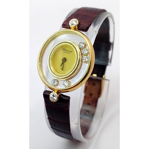 148 - A Vintage Chopard Happy Diamond Quartz Ladies Watch. Brown leather strap. 18K gold case with diamond... 