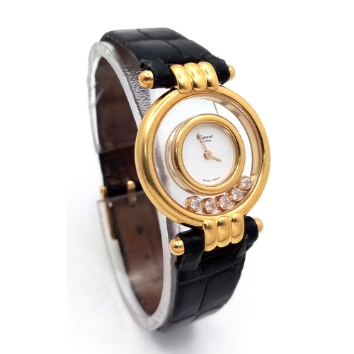 184 - A Chopard Happy Diamonds 18K Gold Quartz Ladies Watch. Black leather strap. 18K gold case - 26mm. Wh... 