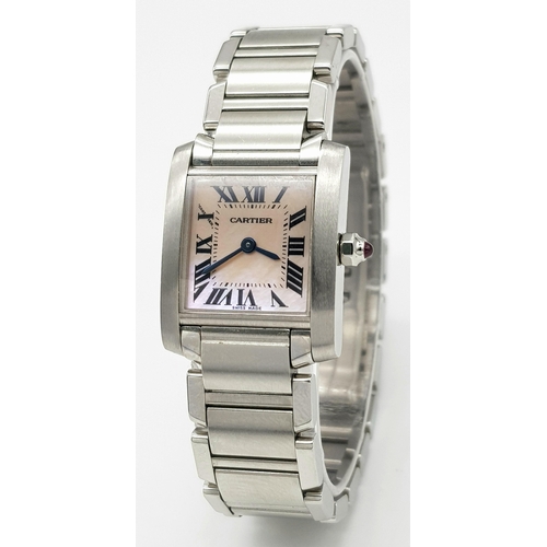 445 - A Cartier Tank Francaise Ladies Quartz Watch. Stainless steel  bracelet and case - 22mm. Mother of p... 