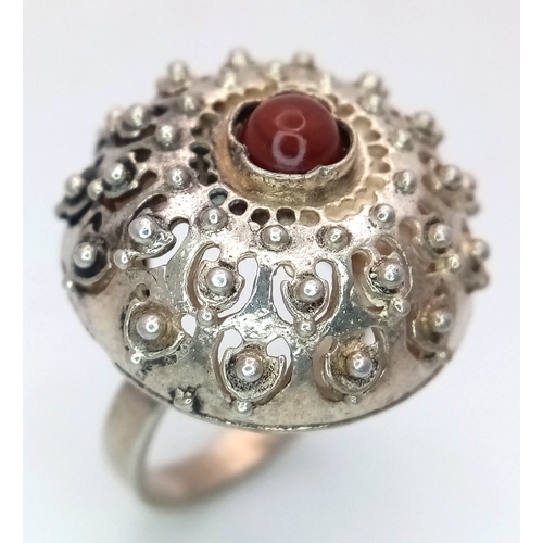 1538 - A Vintage  Medieval Style, Silver and Carnelian Set Ring Size J1/2. The Crown Measures 2.2cm Diamete... 