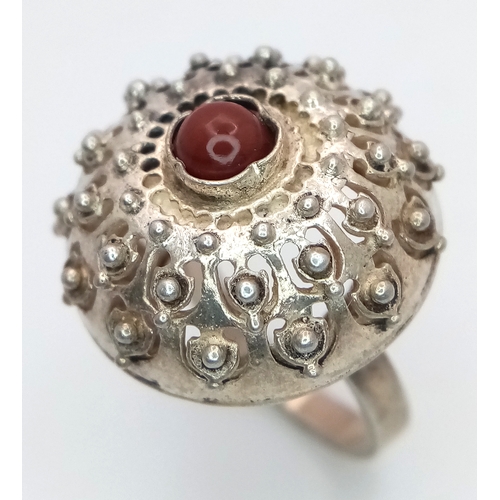 1538 - A Vintage  Medieval Style, Silver and Carnelian Set Ring Size J1/2. The Crown Measures 2.2cm Diamete... 