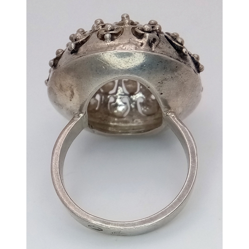 1538 - A Vintage  Medieval Style, Silver and Carnelian Set Ring Size J1/2. The Crown Measures 2.2cm Diamete... 