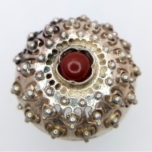 1538 - A Vintage  Medieval Style, Silver and Carnelian Set Ring Size J1/2. The Crown Measures 2.2cm Diamete... 