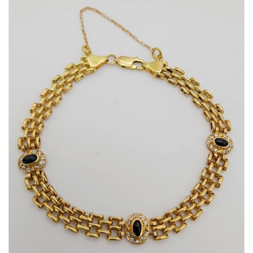 1148 - AN 18K YELLOW GOLD BLUE STONE AND CZ BRACELET, 18CM TOTAL LENGTH, 9.8G TOTAL WEIGHT. REF: SH1873I