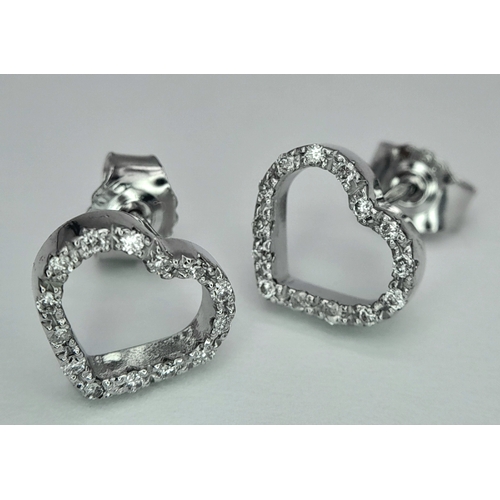 120 - A PAIR OF 18K WHITE GOLD DIAMOND SET HEART STUD EARRINGS. 0.30CT ,  3.3G TOTAL WEIGHT. Ref: SC 3052