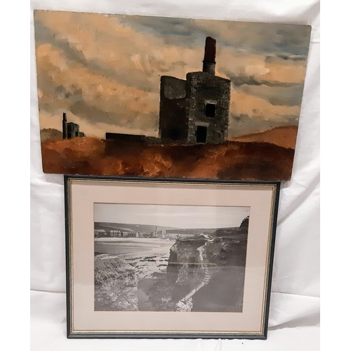 1562 - A framed black and white photograph with the view of an old mine from the cliffs at Perranporth from... 