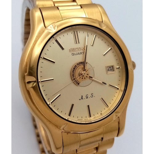 16 - An Interesting Vintage Seiko Quartz AGS Gents Watch. Model 7M22. Gold plated bracelet and case - 38m... 