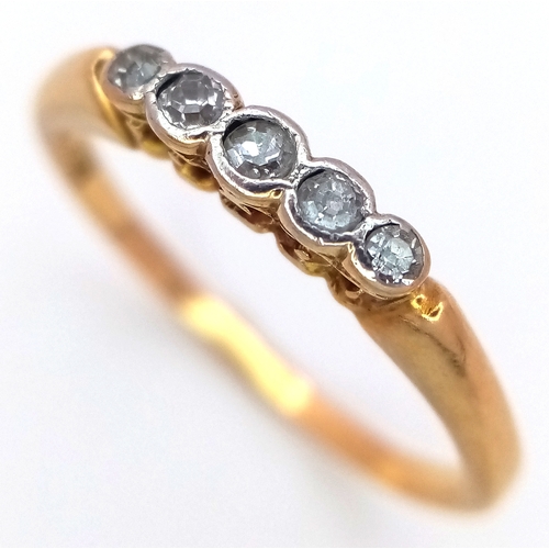 191 - AN 18K YELLOW GOLD VINTAGE OLD CUT DIAMOND 5 STONE RING 2.6G SIZE Q 1/2. Ref: SC 3073