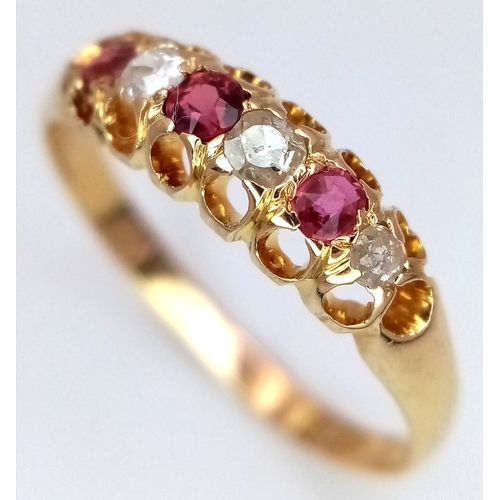 199 - An unique 18K yellow gold antique six-stone ring, featuring old cut diamonds and rubies. Total weigh... 