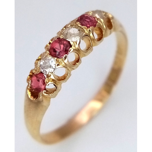 199 - An unique 18K yellow gold antique six-stone ring, featuring old cut diamonds and rubies. Total weigh... 