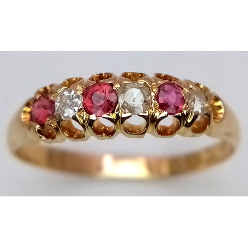 199 - An unique 18K yellow gold antique six-stone ring, featuring old cut diamonds and rubies. Total weigh... 