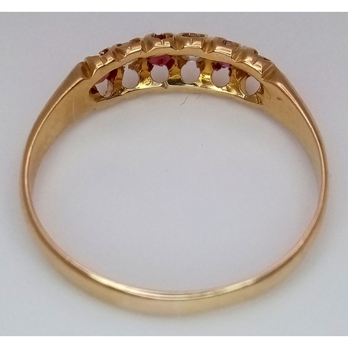 199 - An unique 18K yellow gold antique six-stone ring, featuring old cut diamonds and rubies. Total weigh... 