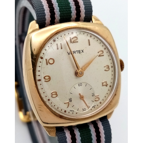 23 - A Vintage Vertex 9K Gold Cased Gents Watch. Textile strap. 9K gold case - 28mm. White dial with seco... 