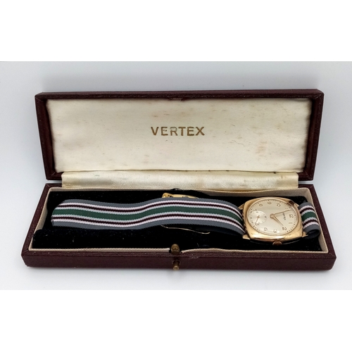 23 - A Vintage Vertex 9K Gold Cased Gents Watch. Textile strap. 9K gold case - 28mm. White dial with seco... 