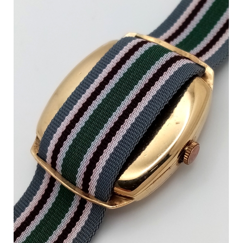 23 - A Vintage Vertex 9K Gold Cased Gents Watch. Textile strap. 9K gold case - 28mm. White dial with seco... 