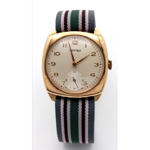 23 - A Vintage Vertex 9K Gold Cased Gents Watch. Textile strap. 9K gold case - 28mm. White dial with seco... 