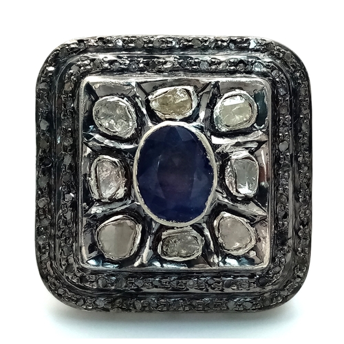 857 - An Antique Style Diamond and Blue Sapphire Dress Ring. Set in 925 Silver. 1.2ct sapphire. 2ctw of ol... 