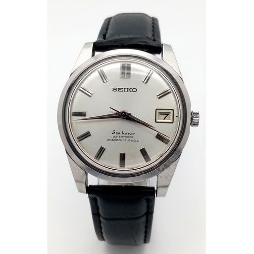 86 - A Vintage Seiko Sea Horse Automatic 6602 - 8990 Gents Watch. Black leather strap. Stainless steel ca... 