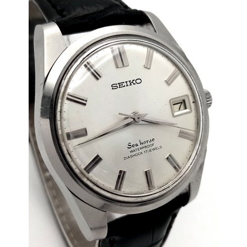 86 - A Vintage Seiko Sea Horse Automatic 6602 - 8990 Gents Watch. Black leather strap. Stainless steel ca... 