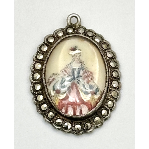 866 - A STERLING SILVER SET WITH MARQUISITE NOSTALGIC BAROQUE STYLE PENDANT WITH IMAGE OF A LADY 3.6G TOTA... 