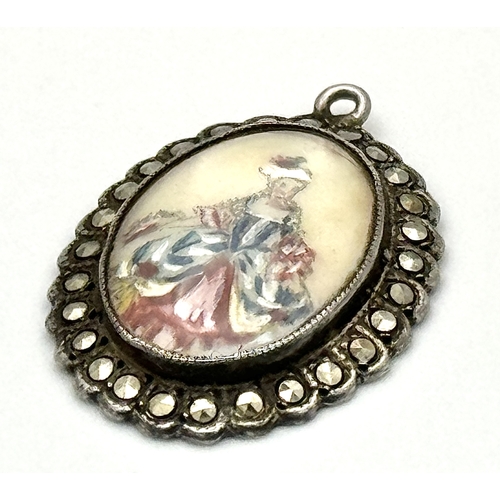 866 - A STERLING SILVER SET WITH MARQUISITE NOSTALGIC BAROQUE STYLE PENDANT WITH IMAGE OF A LADY 3.6G TOTA... 