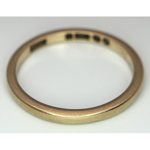 178 - A Vintage 9K Yellow Gold Band Ring. Full UK hallmarks. 2mm. 1.8g