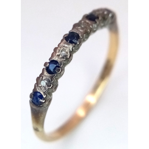 192 - A 9K Gold Small Stone Sapphire and Diamond Band Ring. Size R 1/2. 1.6g