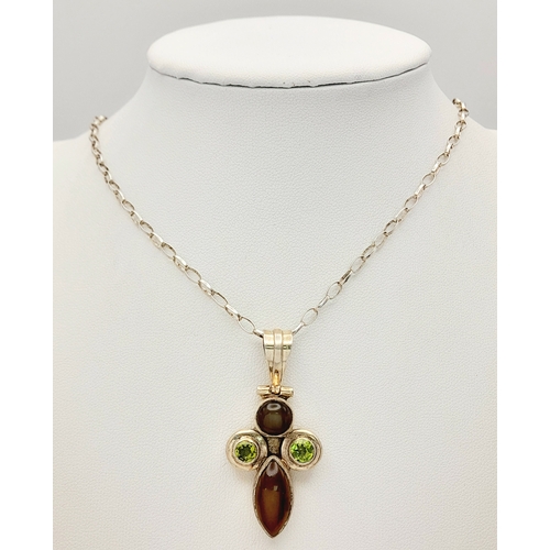 858 - A Vintage Sterling Silver Opal, Peridot and Agate Set Pendant Necklace-41cm Length Oval Link Chain. ... 