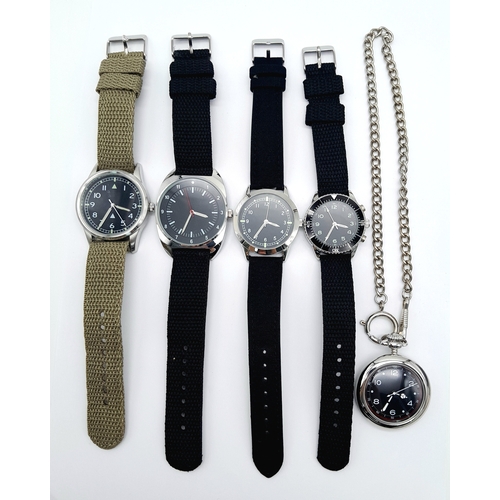 865 - Five Military designed  Watches Comprising: 1)French Artilleryman Pocket Watch with Albert Chain-39m... 