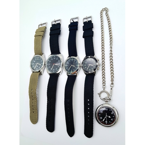 865 - Five Military designed  Watches Comprising: 1)French Artilleryman Pocket Watch with Albert Chain-39m... 