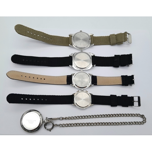 865 - Five Military designed  Watches Comprising: 1)French Artilleryman Pocket Watch with Albert Chain-39m... 