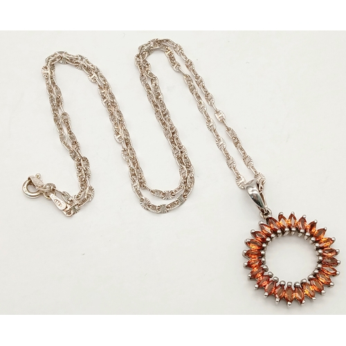 886 - A Very Attractive Vintage Sterling Silver and Citrine Set Circular Pendant Necklace. 46cm Length. Th... 