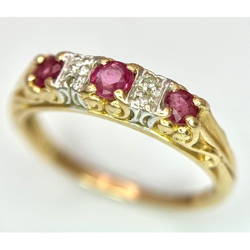 14 - Beautiful 9 CARAT GOLD, RUBY and WHITE SAPPHIRE RING. Having 3 x Round Cut Rubies set to top separat... 