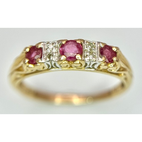 14 - Beautiful 9 CARAT GOLD, RUBY and WHITE SAPPHIRE RING. Having 3 x Round Cut Rubies set to top separat... 