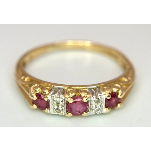 14 - Beautiful 9 CARAT GOLD, RUBY and WHITE SAPPHIRE RING. Having 3 x Round Cut Rubies set to top separat... 