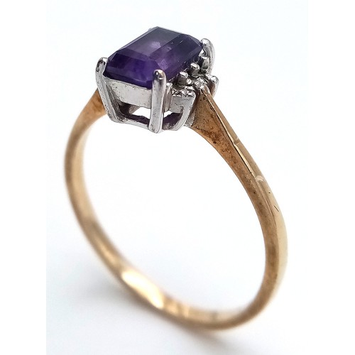 126 - Classic 9 CARAT GOLD and AMETHYST RING. Having a large (0.75 carat) Emerald Cut AMETHYST set to top.... 