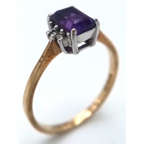 126 - Classic 9 CARAT GOLD and AMETHYST RING. Having a large (0.75 carat) Emerald Cut AMETHYST set to top.... 