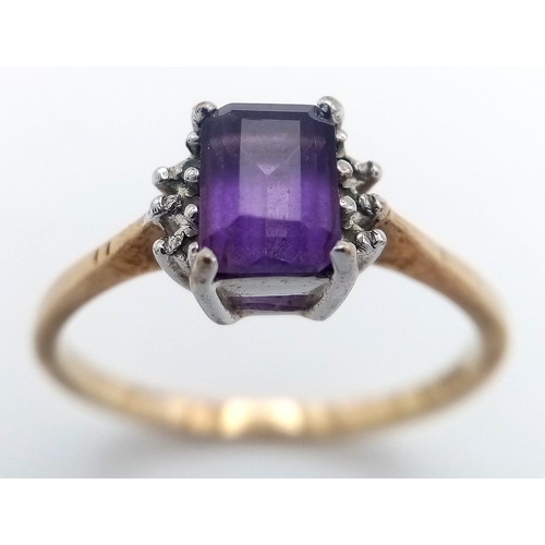 126 - Classic 9 CARAT GOLD and AMETHYST RING. Having a large (0.75 carat) Emerald Cut AMETHYST set to top.... 