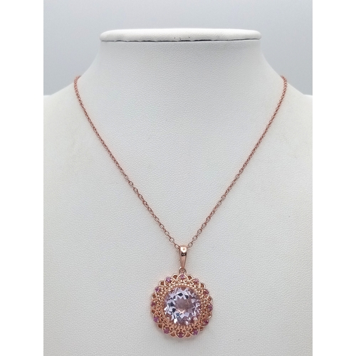 1059 - A Very Elegant, Victorian or Edwardian Style, Rose Gold Gilt Sterling Silver Amethyst Pendant Neckla... 