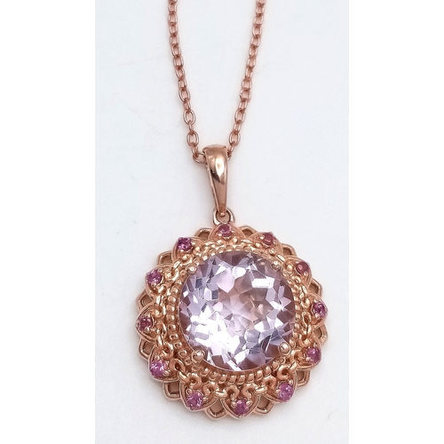 1059 - A Very Elegant, Victorian or Edwardian Style, Rose Gold Gilt Sterling Silver Amethyst Pendant Neckla... 