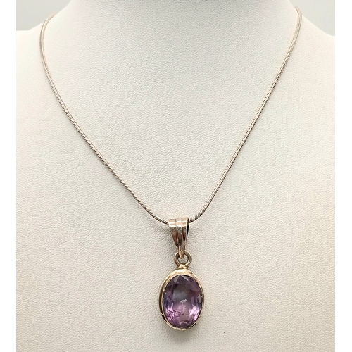 1288 - A Vintage Sterling Silver Oval Cut Amethyst Pendant Necklace-46cm Length Rope Chain. The Pendant is ... 