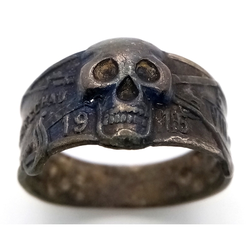 A WW1 Silver Imperial German Patriotic Skull Ring. Marked “Warsaw