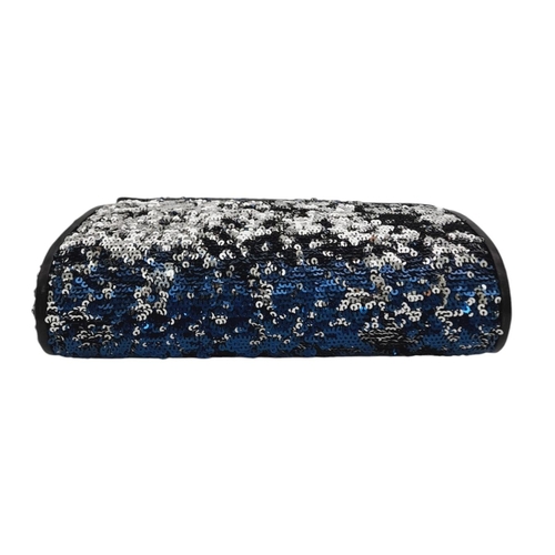 1291 - An Aspinal of London Blue and Silver Sequinned Shoulder Bag. Sequinned exterior with black leather t... 