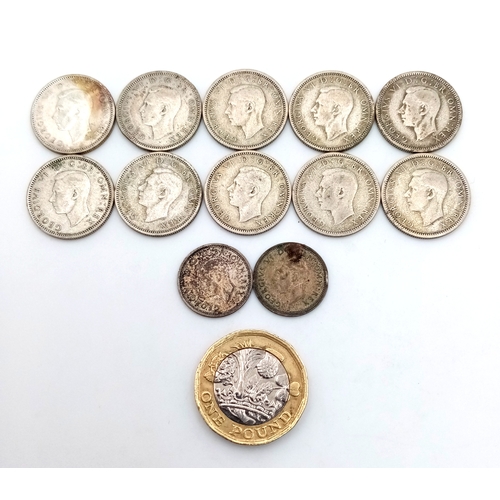 1326 - 10 X George VI Six Pence Silver Coins - 1937,38,39,40,41,42,43,44,45,46 PLUS 2 X Silver 3 Pence Coin... 