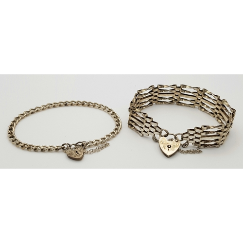 883 - Two Solid Silver 925 Vintage Bracelets, Heart Padlock and Safety Chains, Total weight: 27 grams, 17.... 