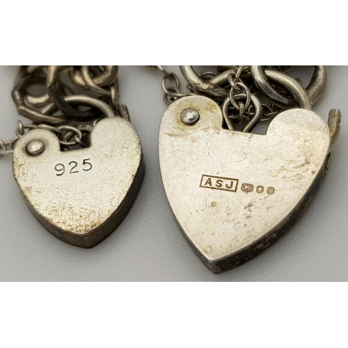 883 - Two Solid Silver 925 Vintage Bracelets, Heart Padlock and Safety Chains, Total weight: 27 grams, 17.... 