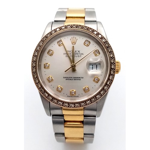 249 - A Bi-Metal Rolex Diamond Datejust Gents Watch. 2003 model. 18k gold and stainless steel bracelet. St... 