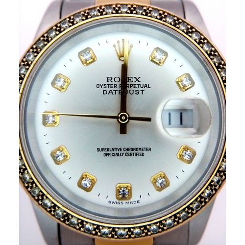 249 - A Bi-Metal Rolex Diamond Datejust Gents Watch. 2003 model. 18k gold and stainless steel bracelet. St... 