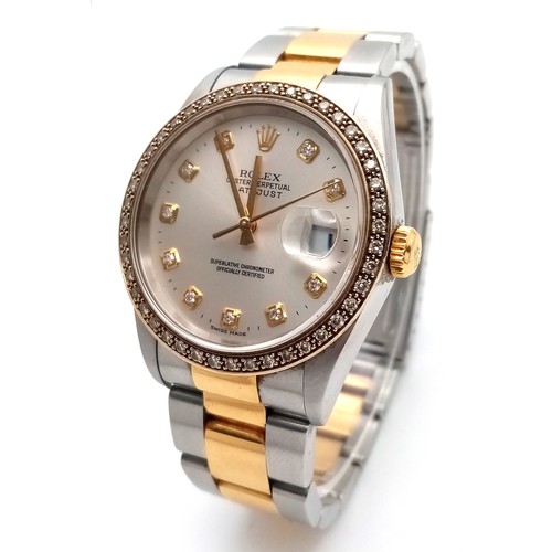 249 - A Bi-Metal Rolex Diamond Datejust Gents Watch. 2003 model. 18k gold and stainless steel bracelet. St... 